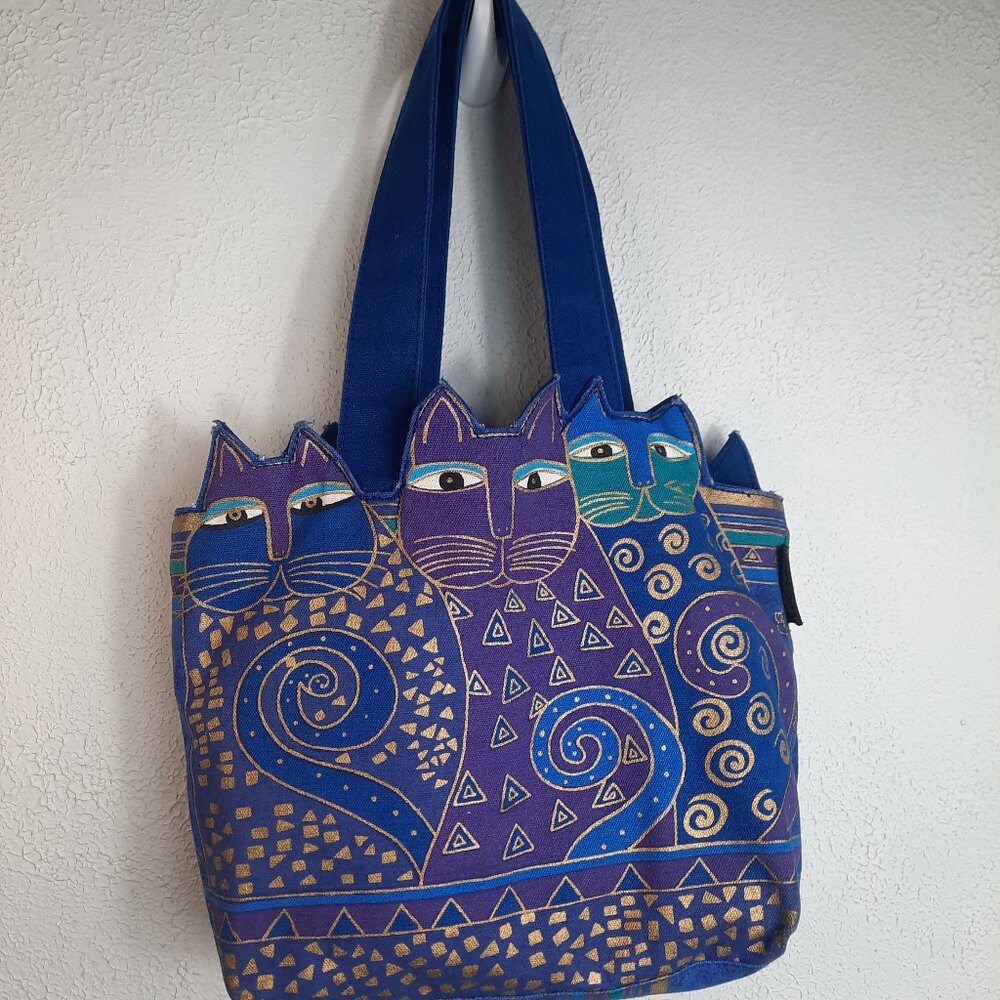 Laurel Burch Cut Out Cat Bag Tote Purse Blue Purple Abstract Indigo Cats Handbag